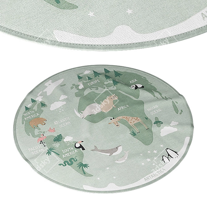 Green World Map Cotton Round Rug 3D model image 1