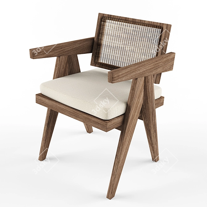 Pierre Jeanneret Teak Wicker Chair 3D model image 1