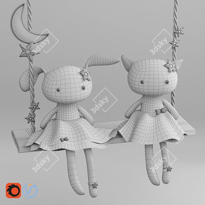 Rabbit and Cat Plush Swing Toy: A Whimsical Playtime Delight 3D model image 3