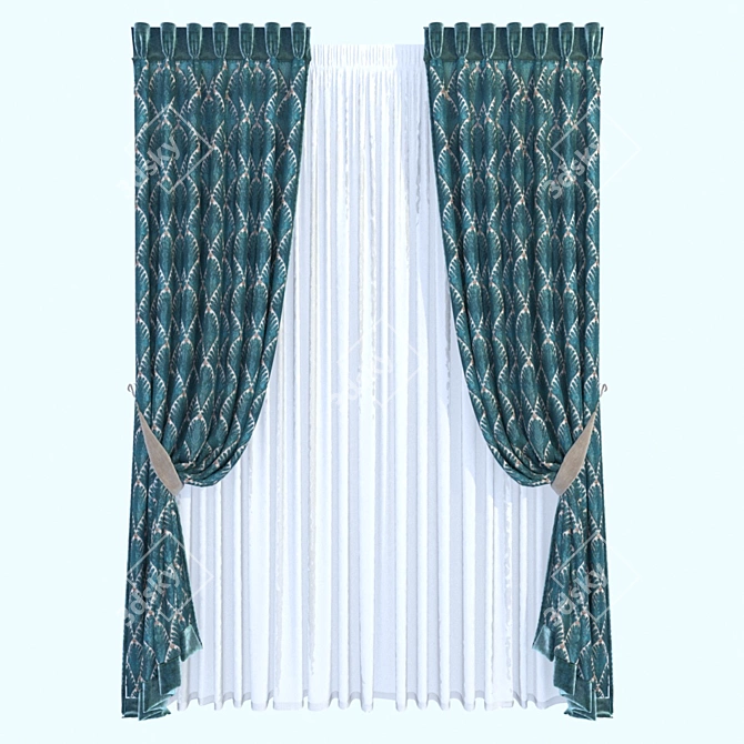 Velvet Trimmed Manual Fold Curtain 3D model image 1