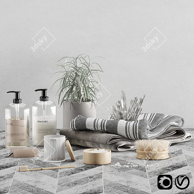 Marble Bathroom Set: Bodywash, Shampoo, Soap, Towels 3D model image 1