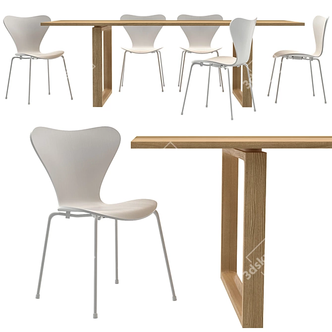Elegant Oak Essay Table & Series 7 Chairs 3D model image 1