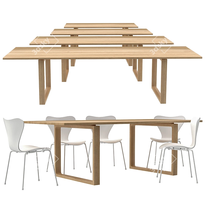 Elegant Oak Essay Table & Series 7 Chairs 3D model image 2