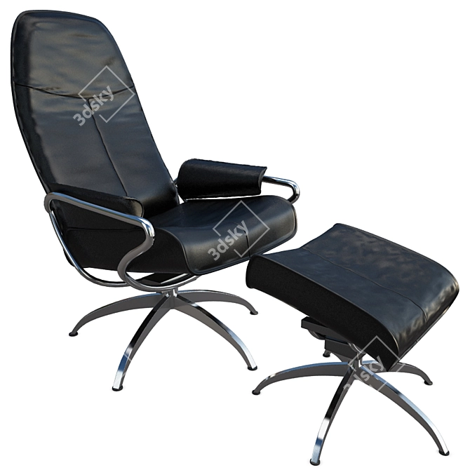 Modern Black Leather Armchair with Footrest 3D model image 1