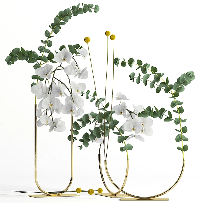 Elegant Metal Vase with Fresh Plants 3D model image 1