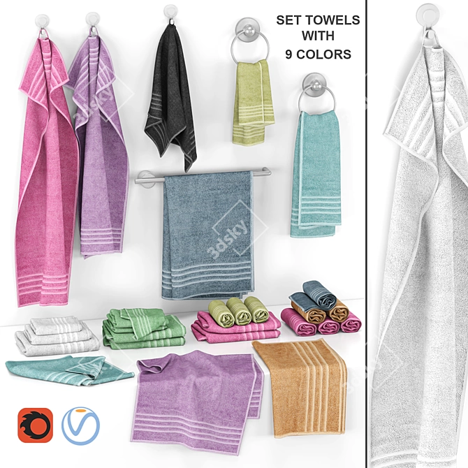 Multi-Color Towel Set: 9 Vibrant Shades 3D model image 1