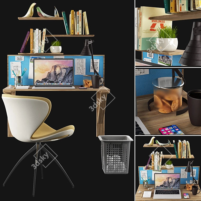 Pro Desk Set: Chair, Laptop & Book Shelf 3D model image 1
