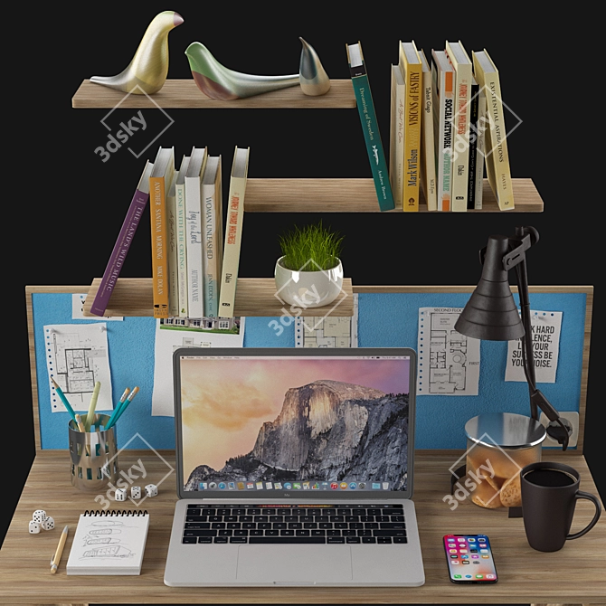 Pro Desk Set: Chair, Laptop & Book Shelf 3D model image 2