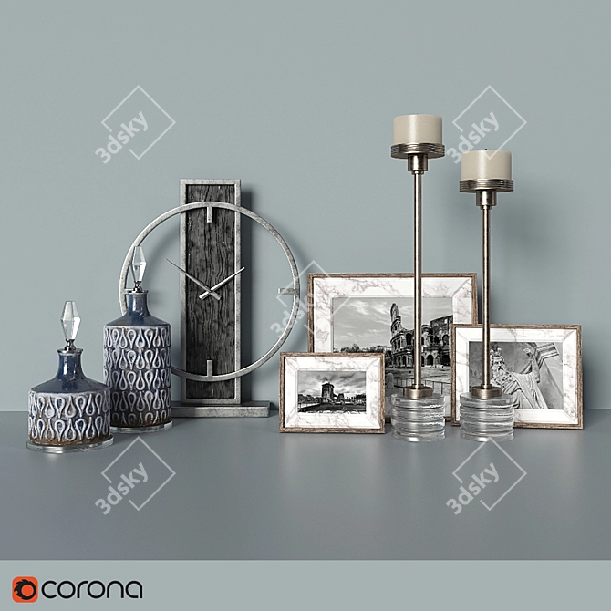 Designer Decor Set: Bottles, Clock, Candleholders & Photo Frames 3D model image 1