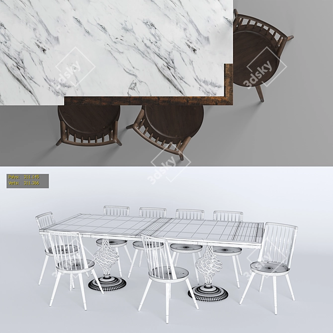 Modern Wood and Marble Dining Set 3D model image 3