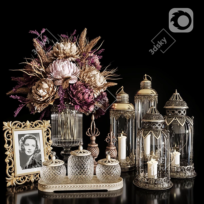 Vintage Lantern with 20 Dried Flower Bouquet 3D model image 1