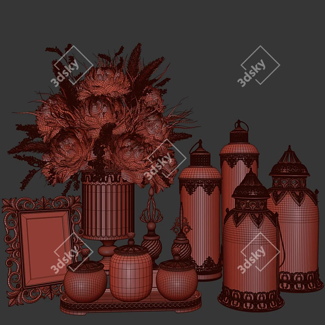 Vintage Lantern with 20 Dried Flower Bouquet 3D model image 3