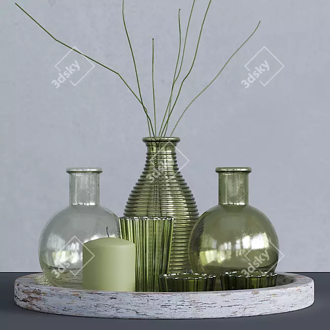 Green Glass Votive Set with Tray 3D model image 1