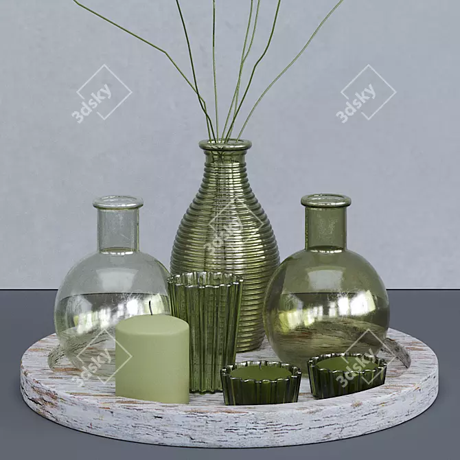 Green Glass Votive Set with Tray 3D model image 2