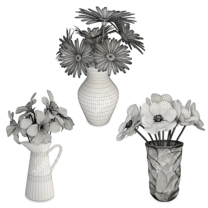 Exquisite Vase Trio with 3D Floral Bouquet 3D model image 2