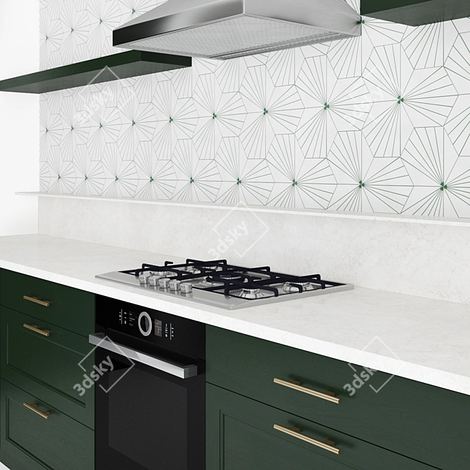 Vintage Charm Kitchen: Green & Brass 3D model image 2