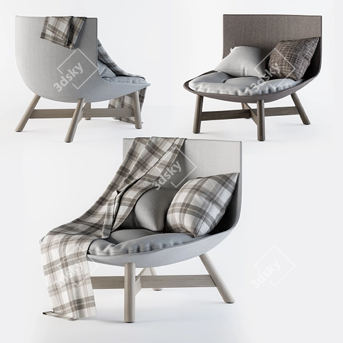 Modern Cotton Lounge With Wooden Legs 3D model image 1