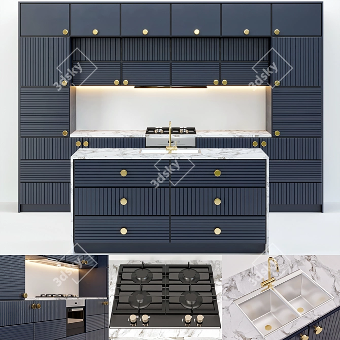 2-in-1 Kitchen: Blue & Green Units, Chrome & Gold Finish 3D model image 2