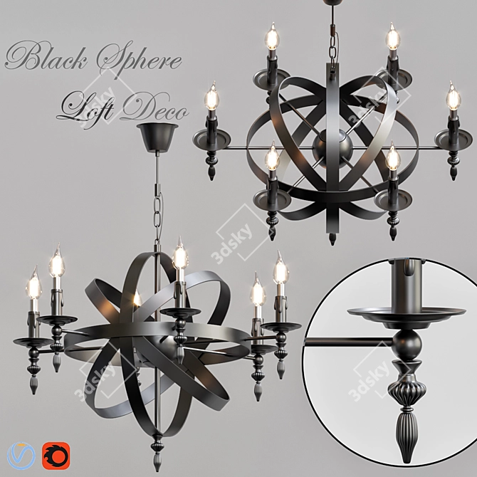 Black Sphere Loft Deco Chandelier 3D model image 1