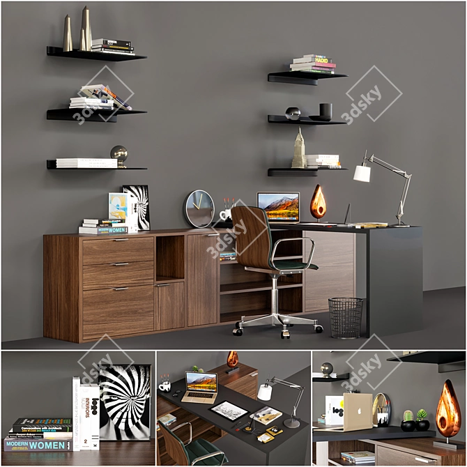 Modern Office Desk with Book, Plant, Macbook and More 3D model image 2