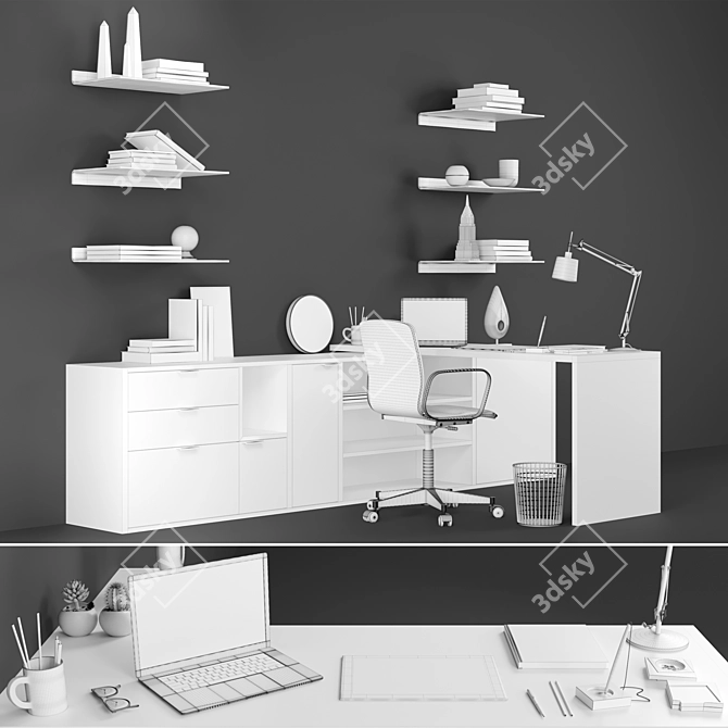 Modern Office Desk with Book, Plant, Macbook and More 3D model image 3