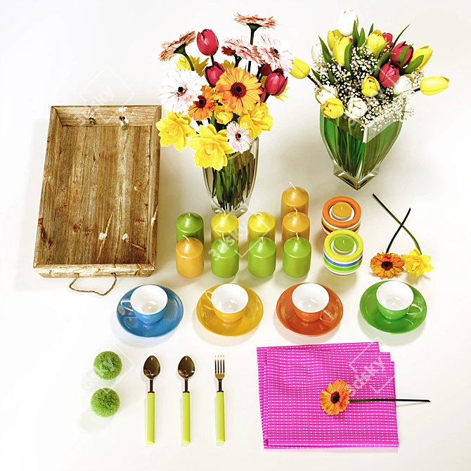 Vibrant Spring Tableware Set 3D model image 2