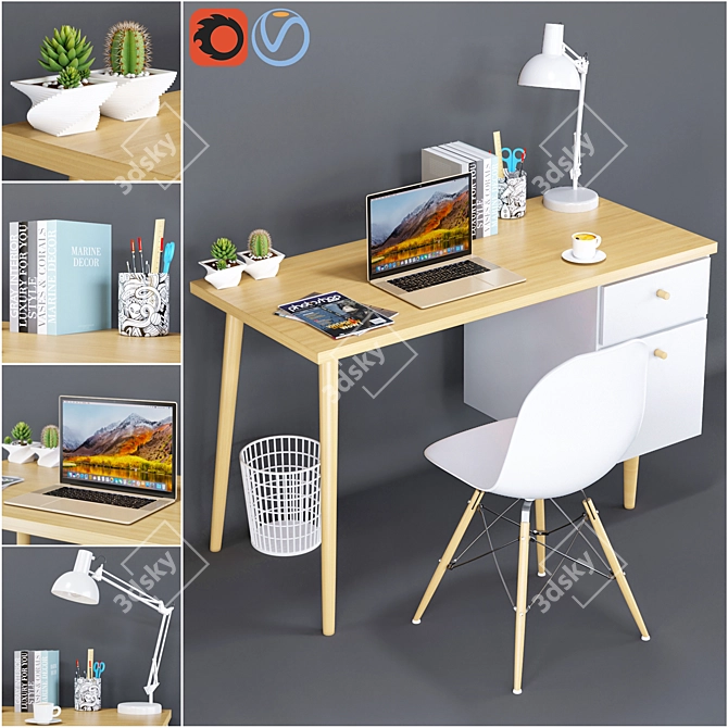 Elegant Office Desk & Chair 3D model image 1