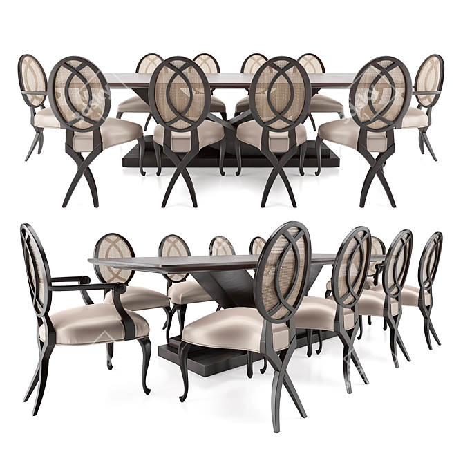 Elegant Table Set with Rattan Chairs 3D model image 1