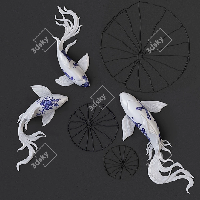 Elegant Blue and White Koi Fish Wall Sculptures 3D model image 1