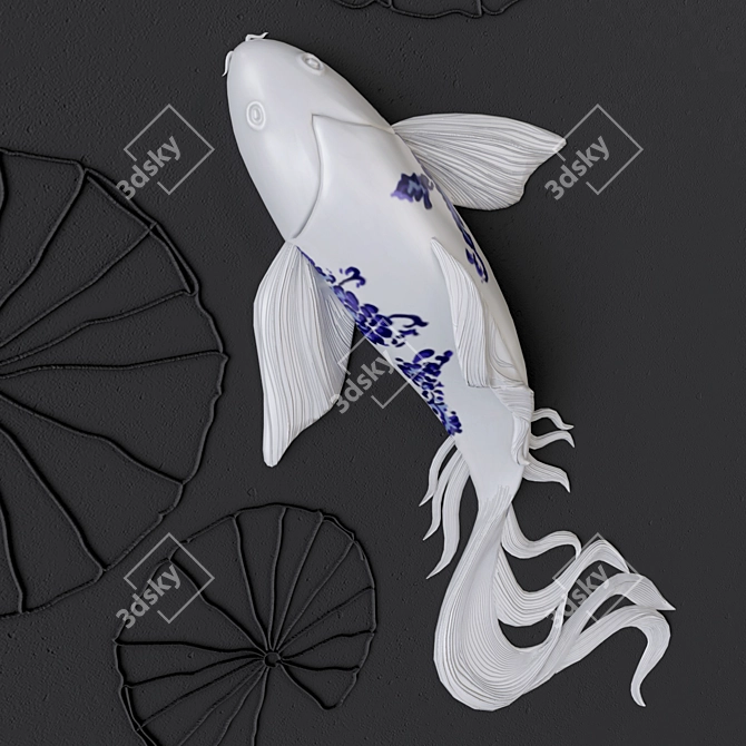 Elegant Blue and White Koi Fish Wall Sculptures 3D model image 2