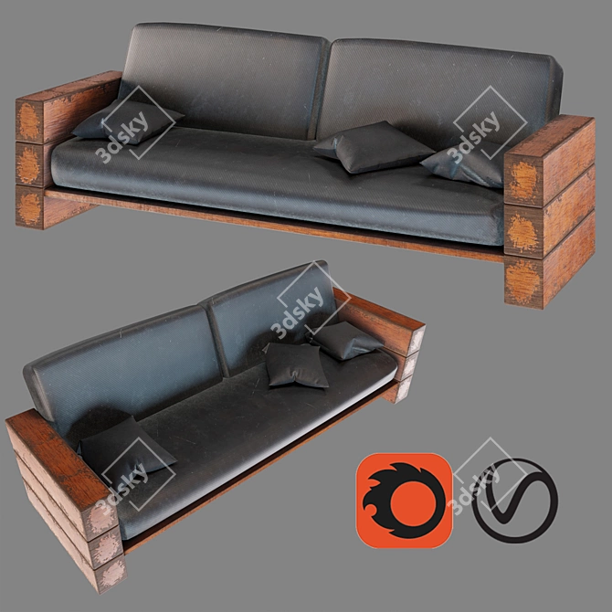 Elegant Wooden & Leather Sofa 3D model image 1