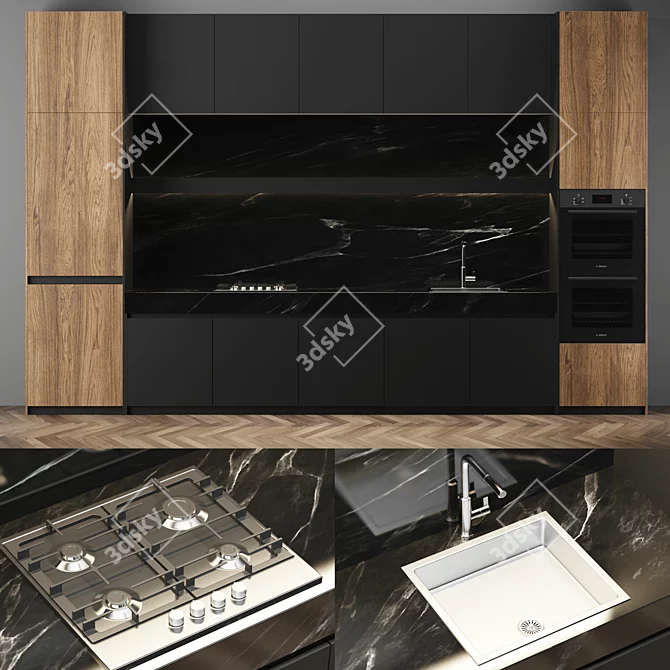 Sleek Black Kitchen Design 3D model image 1