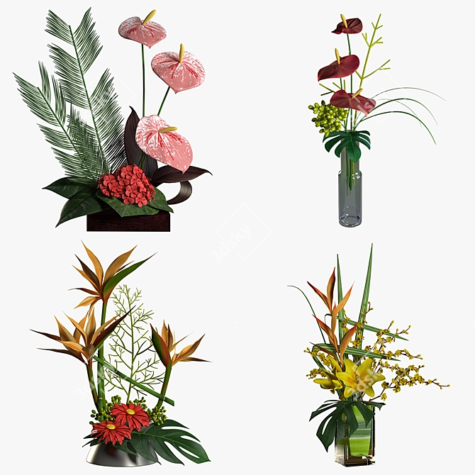 Tropical Blossom Bouquets: Anthurium, Gerbera, Lily 3D model image 1