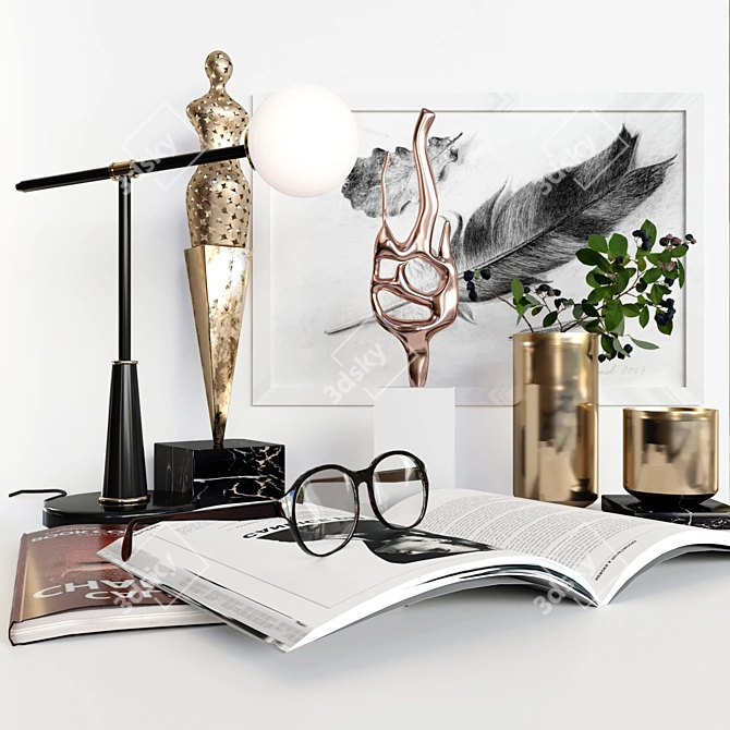 Golden Deco Set: Statuette, Vase, Candlestick, Book, Magazine, Glasses 3D model image 1