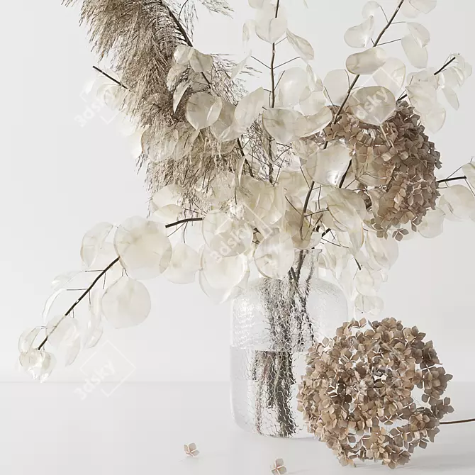 Ethereal Blooms: Lunaria, Pampas Grass & Hydrangea 3D model image 2