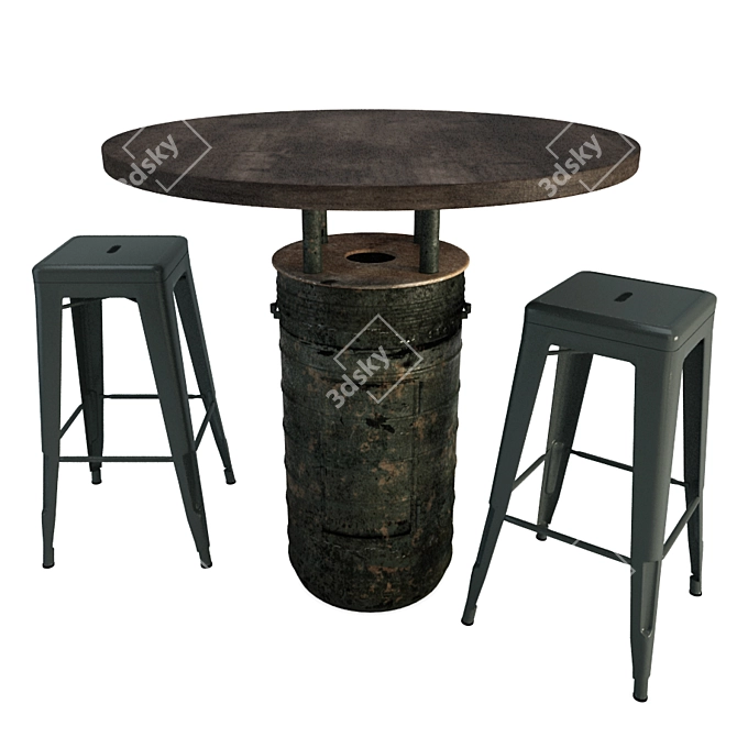 Industrial Black Barrel Table & Tolix Barstools 3D model image 1