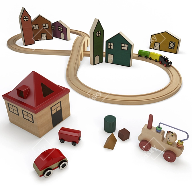 Wooden Train Set for Kids 3D model image 1