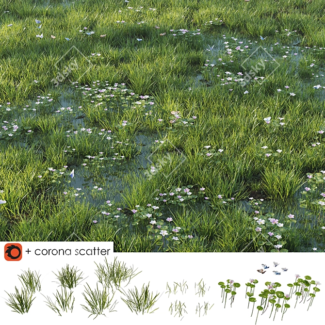  Grassy Oasis - Realistic Grass and Puddle Set 3D model image 1