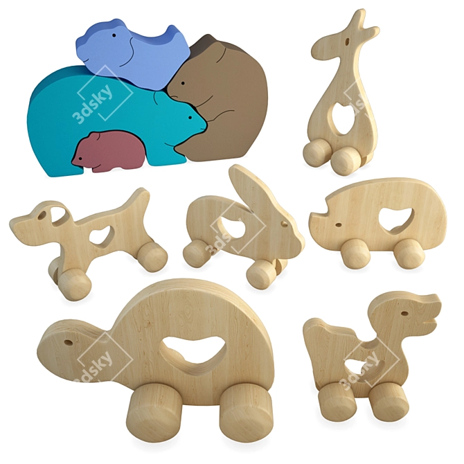 Wooden Animal Toys Set 3D model image 1