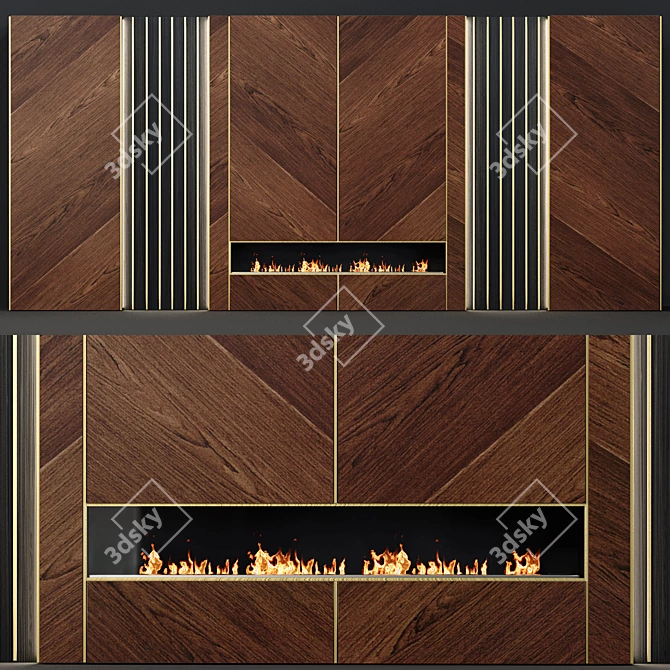 Modern Walnut and Brass Fireplace 3D model image 1