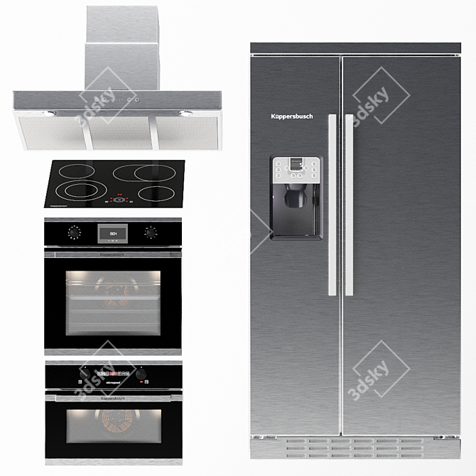 Kuppersbusch 2-in-1 Kitchen Tech Set: Hood, Panel, Oven, Microwave, Fridge 3D model image 1