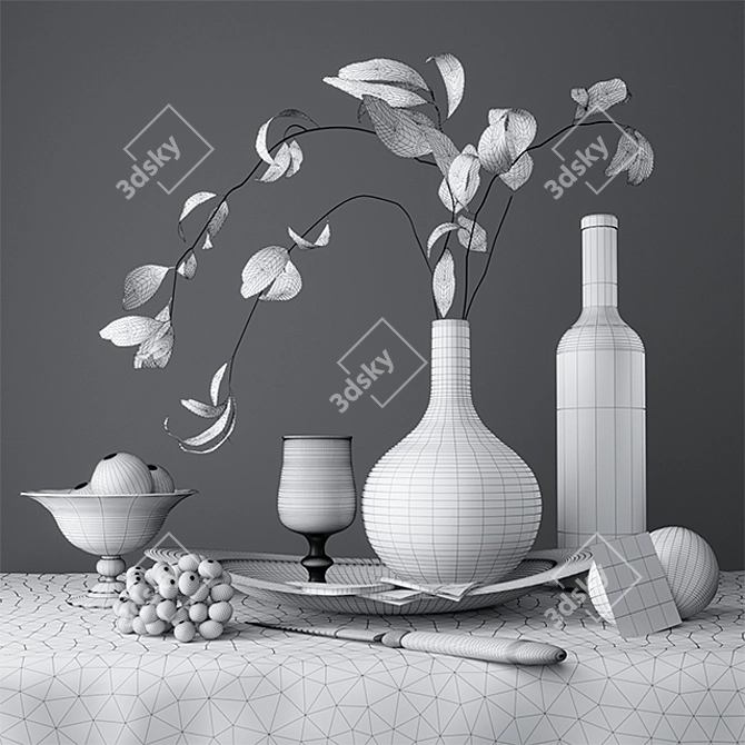 Luxe Still Life: Fruits, Dishes & Cognac 3D model image 2