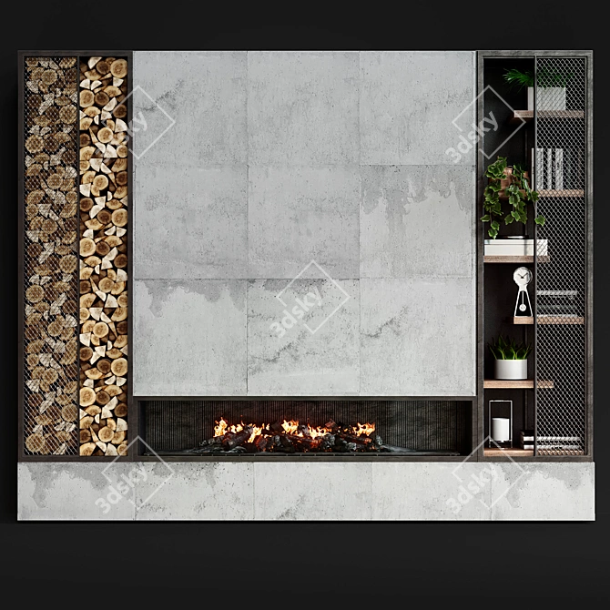 Modern Fireplace with Wood Storage and Shelves 3D model image 1