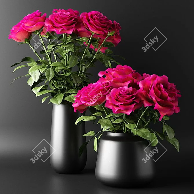 Crimson Elegance: Red Roses in Black Vases 3D model image 1