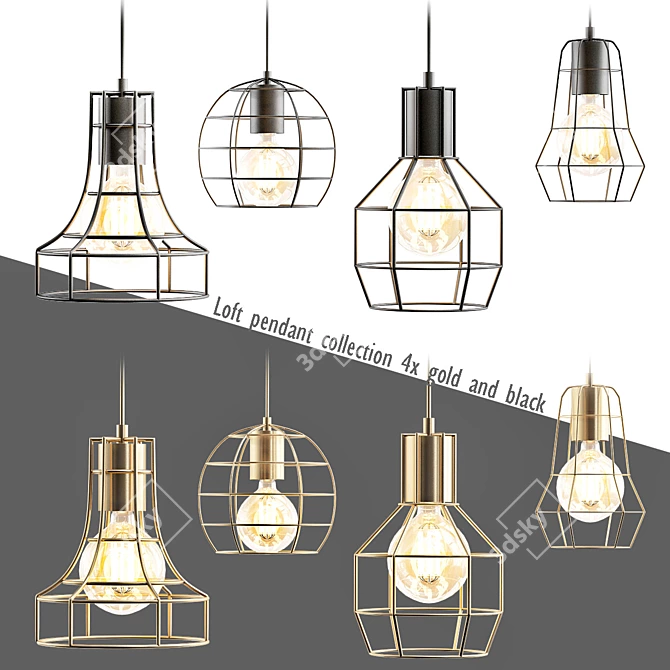 Sleek Gold & Black Loft Pendant 3D model image 1