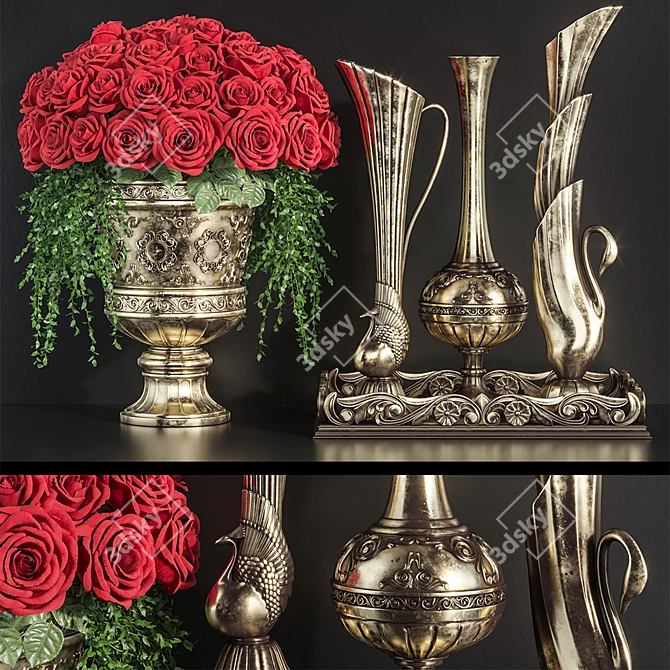 Antique Vases Red Rose Set 3D model image 1