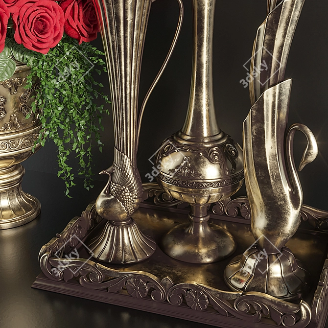 Antique Vases Red Rose Set 3D model image 2