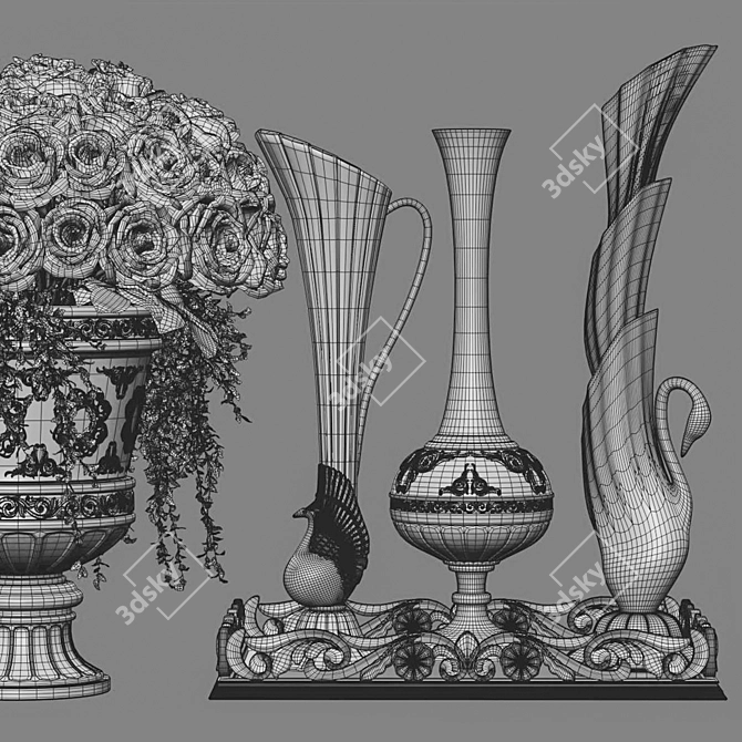Antique Vases Red Rose Set 3D model image 3