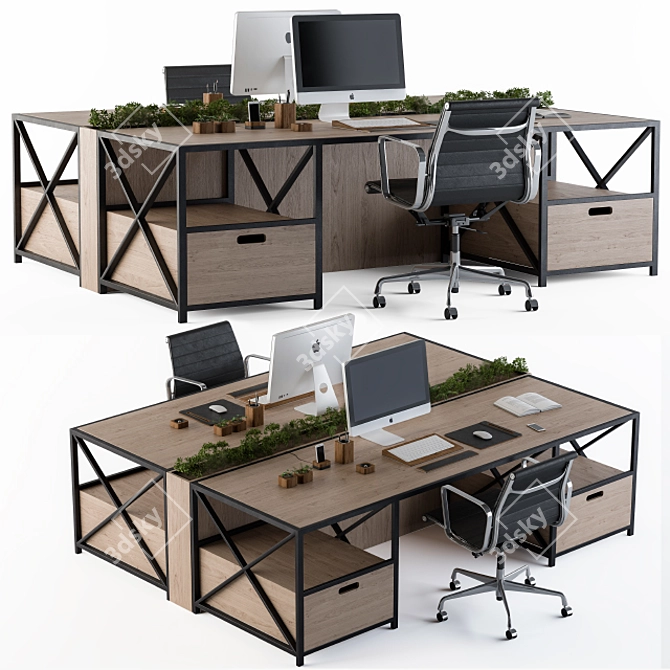 Modern Wood and Black Office Set 3D model image 1