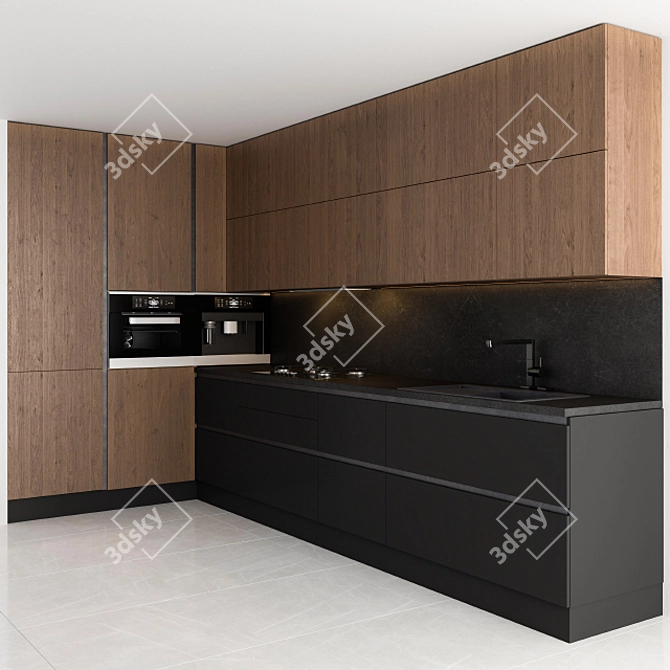 Sleek Black Wood Kitchen 3D model image 1